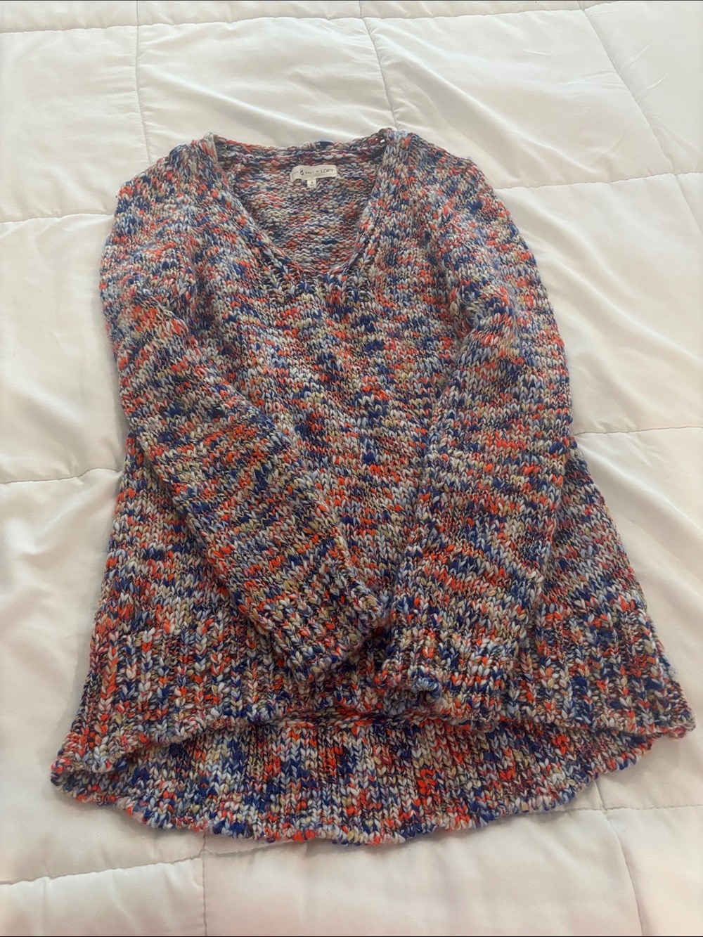 Loft  Multicolor Marled V-Neck Sweater (Blue, Orange, White)